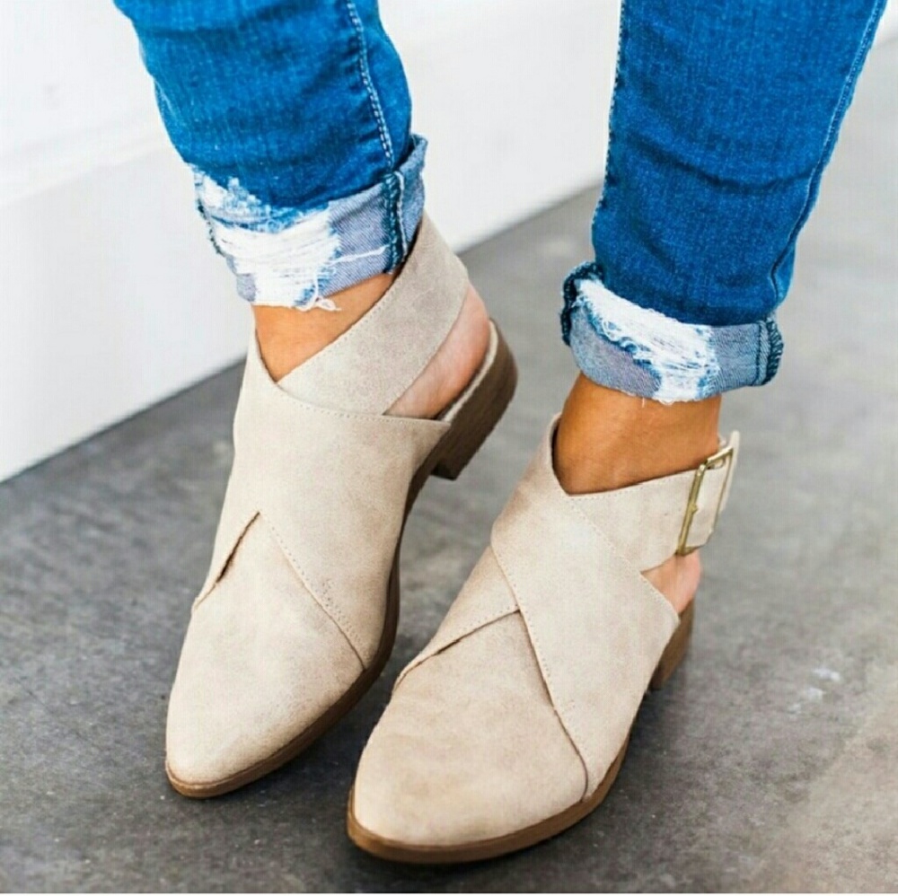 TAUPE ANKLE WRAP BUCKLE FLATS SHOES STRAP BOOTIES